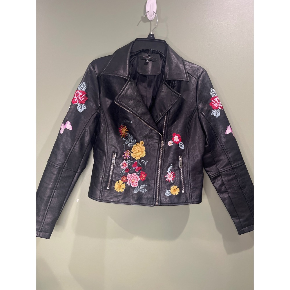 Romeo + Juliet Couture Black Floral Embroidered Faux Leather Moto Jacket L
